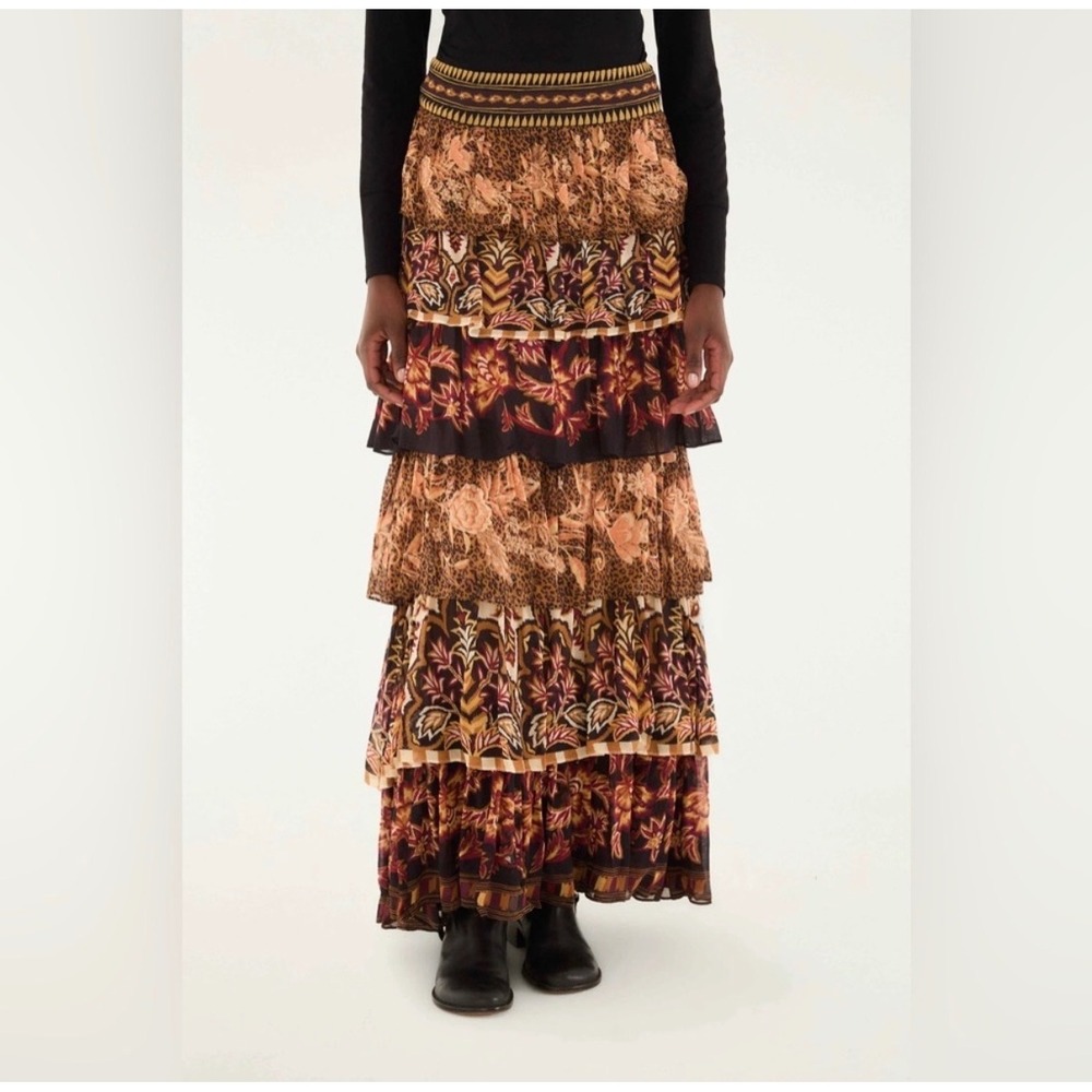 FARM Rio Mixed Scarf Print Maxi Skirt Women XS Brown Tiered Ruffle Boho NWT